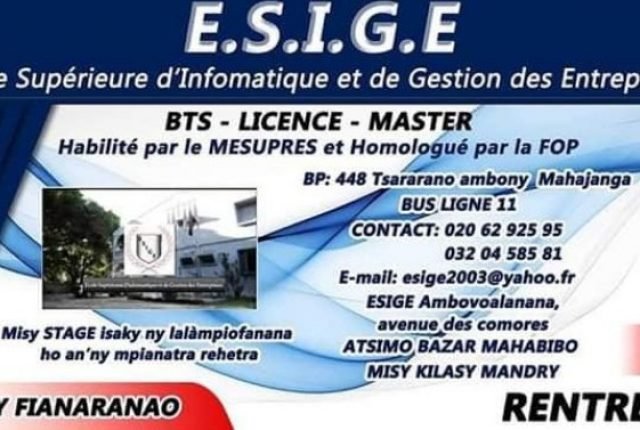 ESIGE Centre Formation Gestion Informatique Droit Commerce Tourisme Hôtellerie Majunga Madagascar